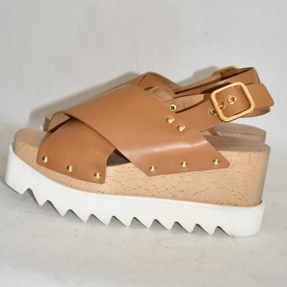 $850 STELLA MCCARTNEY PERCY PLATFORM CRISS CROSS LEATHER SANDAL CAMEL 37 (DB23) - Picture 4 of 8